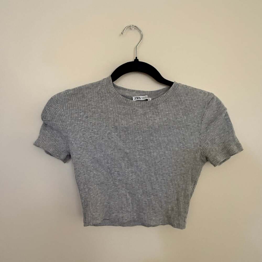 ZARA Ribbed Knit Cropped T-Shirt in Gray